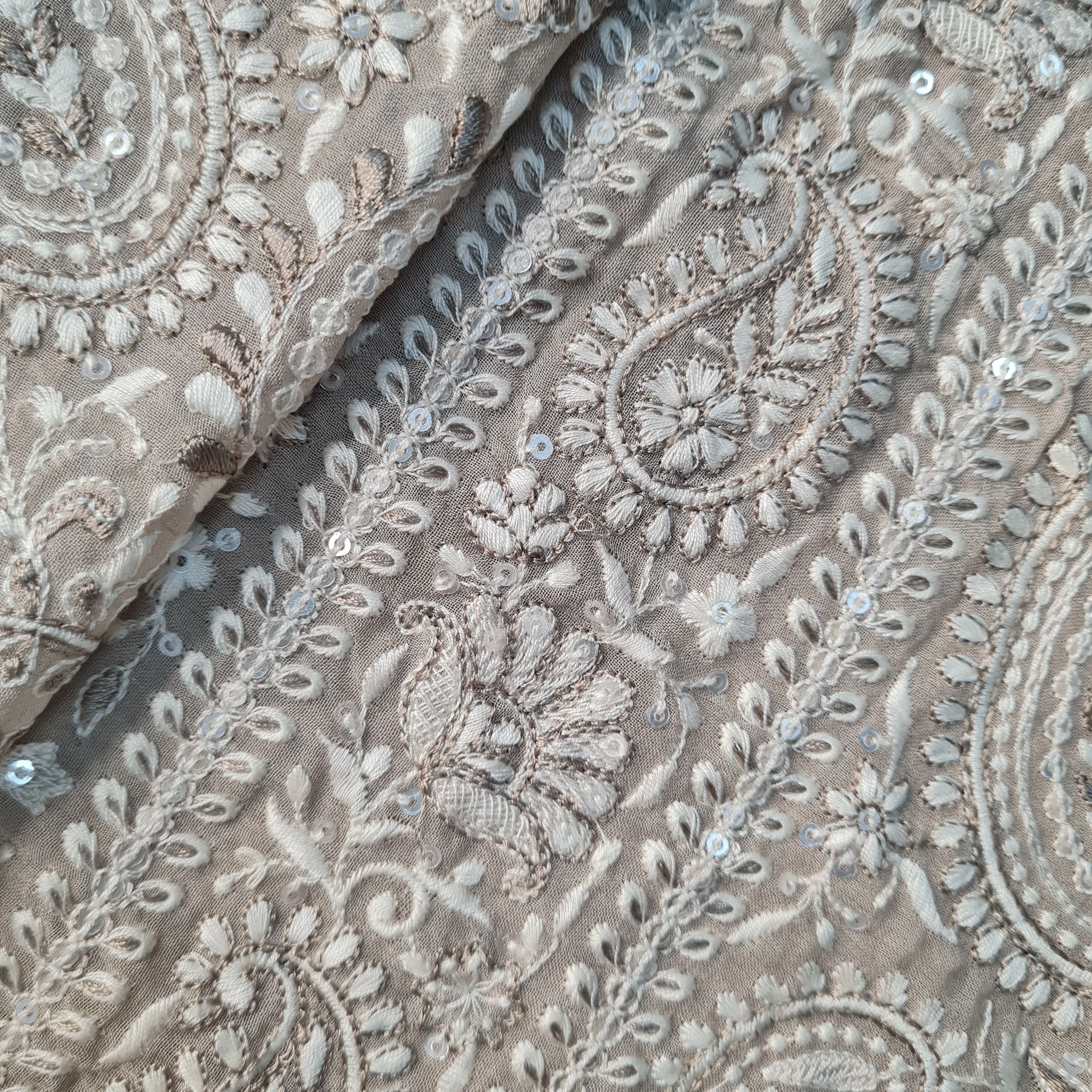 Beige Paisley Chikankari Embroidery Georgette Fabric 17862