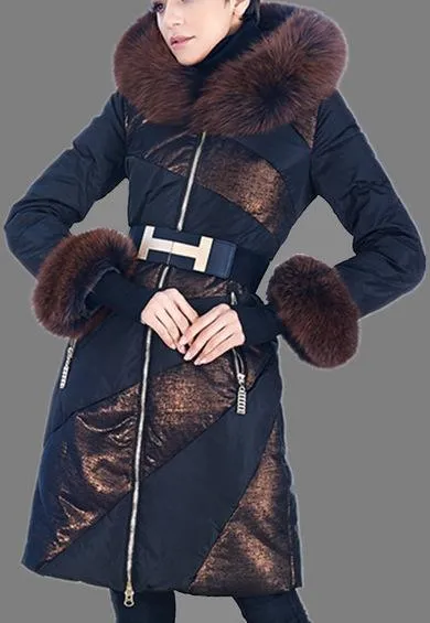 Belted Fur-Trimmed Hooded Puffer Coat, Black or Blue