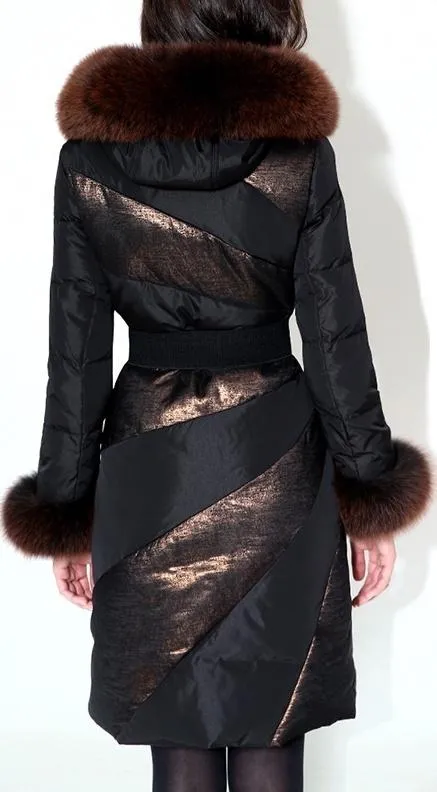 Belted Fur-Trimmed Hooded Puffer Coat, Black or Blue