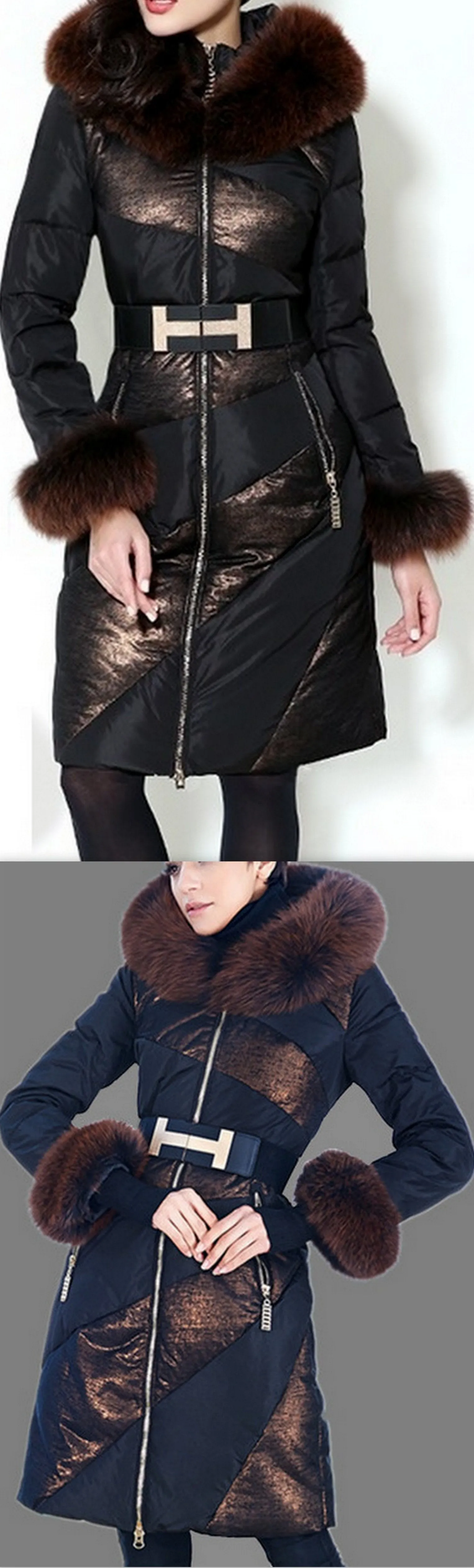 Belted Fur-Trimmed Hooded Puffer Coat, Black or Blue
