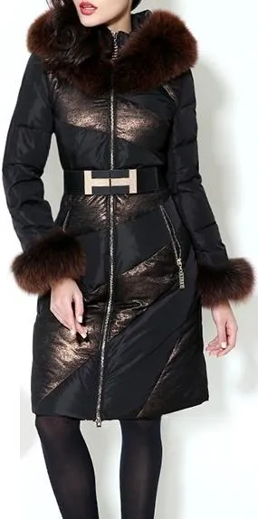 Belted Fur-Trimmed Hooded Puffer Coat, Black or Blue