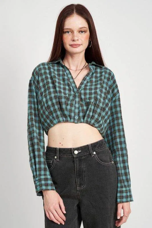 Emory Park | Cropped Button Up Shirt With Elastic Waistband