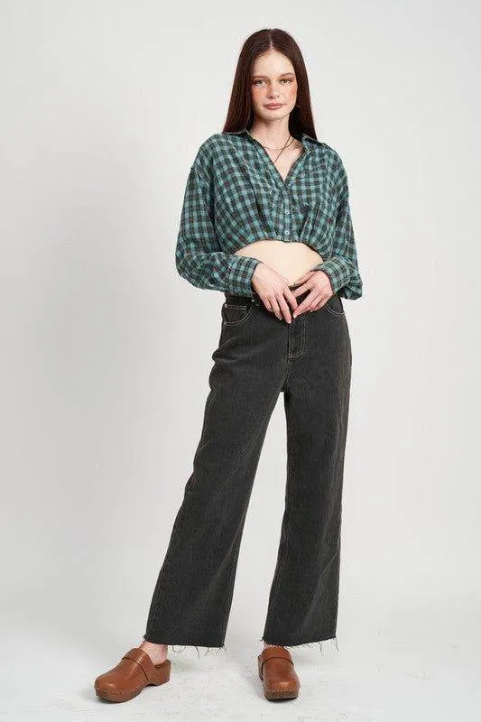 Emory Park | Cropped Button Up Shirt With Elastic Waistband