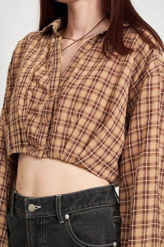 Emory Park | Cropped Button Up Shirt With Elastic Waistband