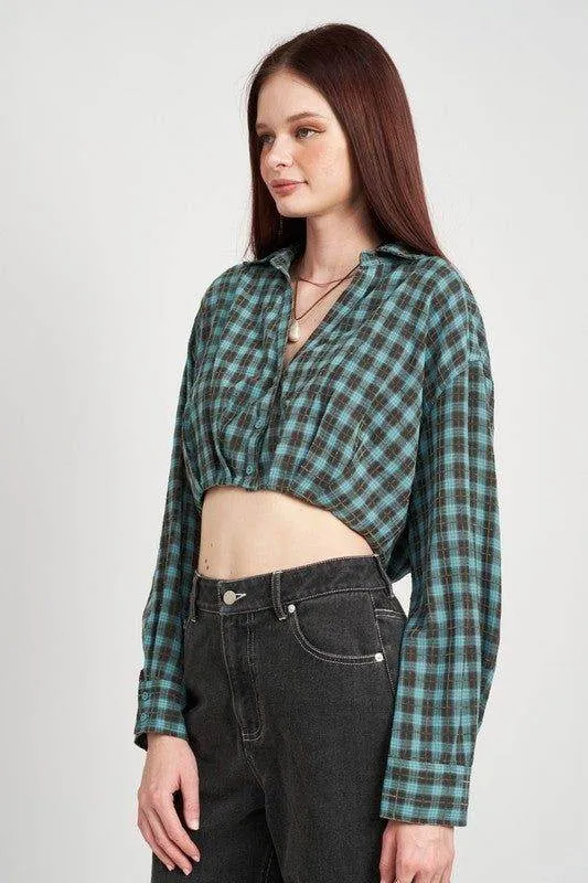 Emory Park | Cropped Button Up Shirt With Elastic Waistband