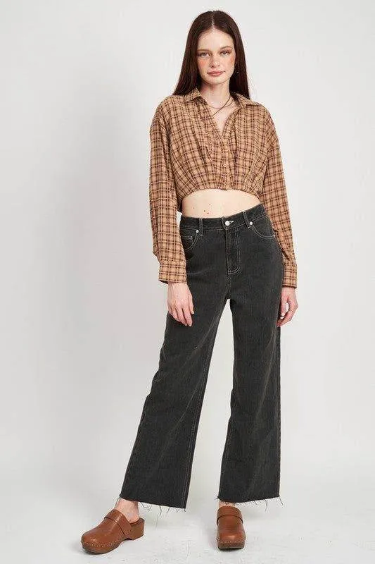 Emory Park | Cropped Button Up Shirt With Elastic Waistband