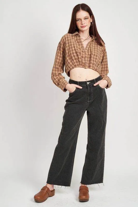 Emory Park | Cropped Button Up Shirt With Elastic Waistband