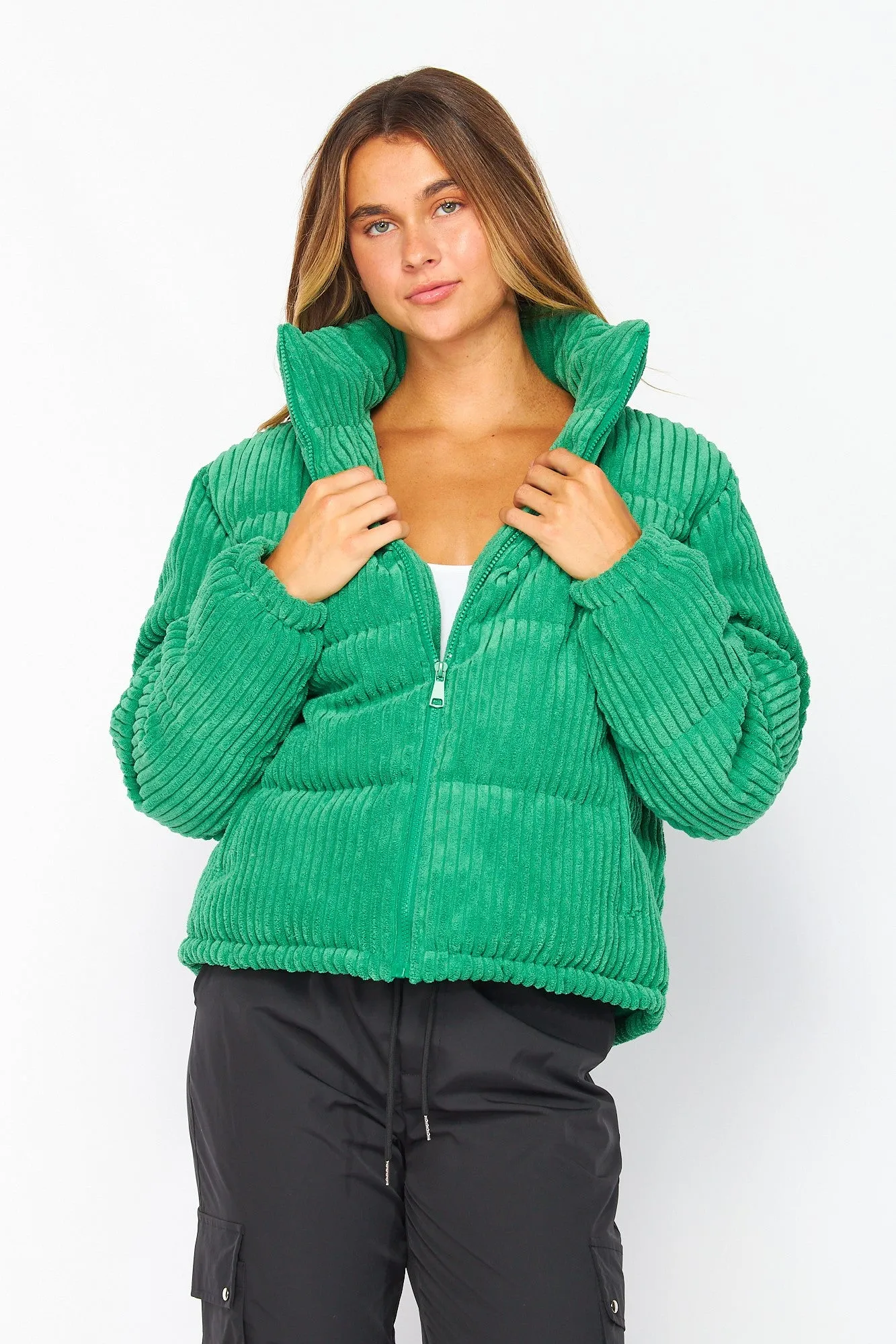 Green Jacket Corduroy Stage Puffer Jacket