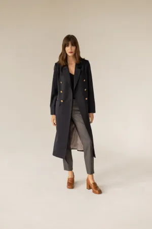 Long Gold Buttons Wool Trenchcoat - Navy Blue